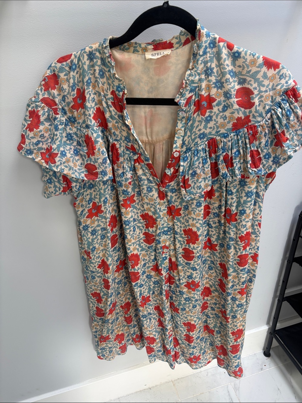 Spell Cream Midi Dress with Red & Blue Floral Print